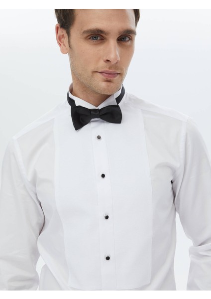 Beyaz Düz Slim Fit Duble Manşet Ata Yaka Smokin Gömlek fiyatları