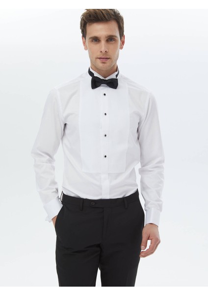 Beyaz Düz Slim Fit Duble Manşet Ata Yaka Smokin Gömlek modelleri
