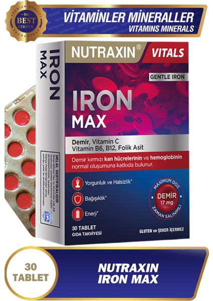 Iron Max 30 Adet Tablet - (Demir, Vitamin C, B6, Folik Asit, B12)