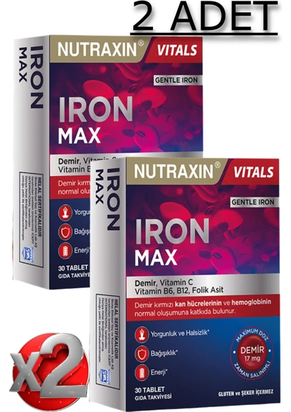 2 Adet Nutraxin Iron Max 30 Adet Tablet - (Demir, Vitamin C, B6, Folik Asit, B12)