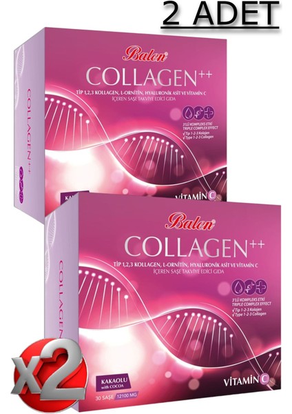 2 Adet Collagen Complex ++ Tip 1,2,3 Kollajen, L-Ornitin, Hyal. Asit, Vitamin C Şase