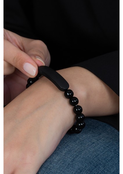 Plakalı Parlak Siyah Boncuk Taşlı Unisex Erkek Bayan Bileklik bbb19ip