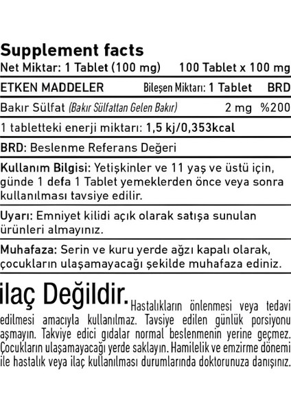 Bakır 2 Mg Bakır Içeren Takviye Edici 2 Kutu / 200 Tablet fiyatları