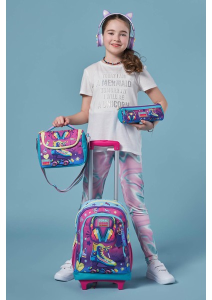 Kids Pembe Turkuaz Kulaklık Paten Desenli Çekçekli 3'lü Çanta Seti SET0123954 fiyatları
