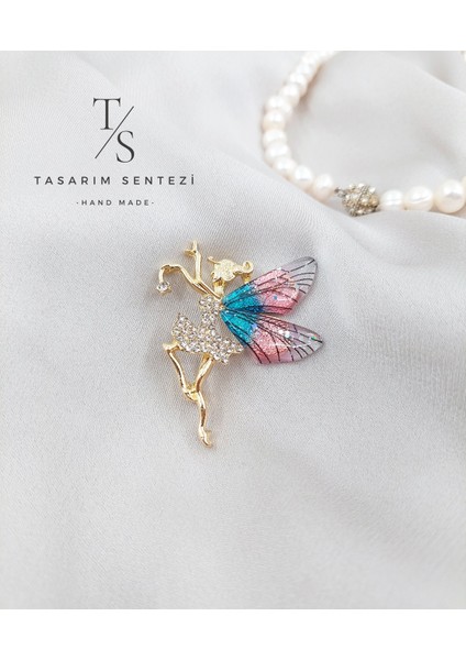 Broş Metal Rozet Melek Kız Taşlı Kanatlı Peri Yaka Kıyafet Şapka Takı Aksesuar Angel Fairy Brooch