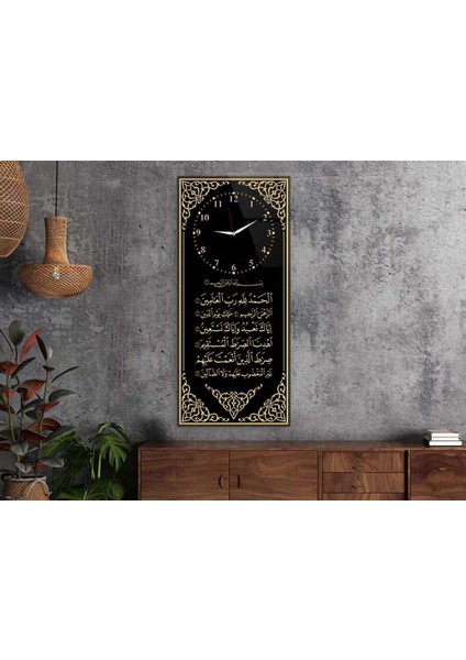 Dikey Üstten Saatli Dini Temalı 50X100 cm Temperli Cam Tablo DSUD0024