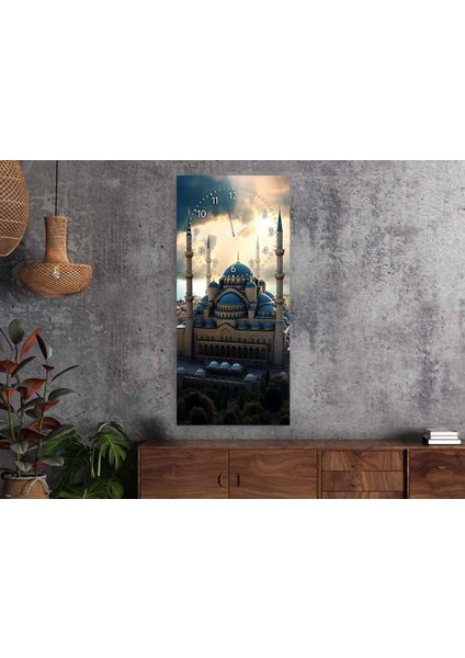 Dikey Üstten Saatli Dini Temalı 50X100 cm Temperli Cam Tablo DSUD0020