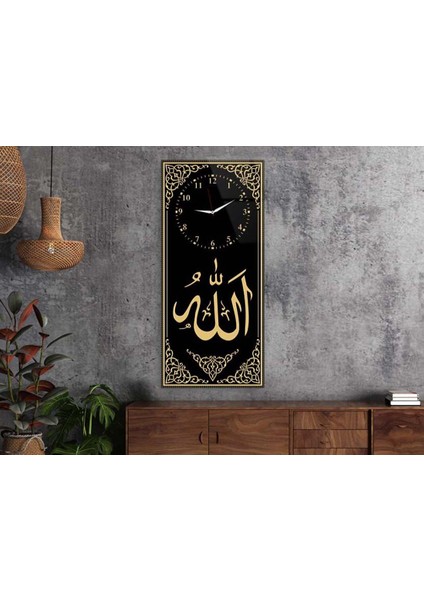 Dikey Üstten Saatli Dini Temalı 50X100 cm Temperli Cam Tablo DSUD0013