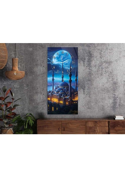Dikey Üstten Saatli Dini Temalı 50X100 cm Temperli Cam Tablo DSUD0021