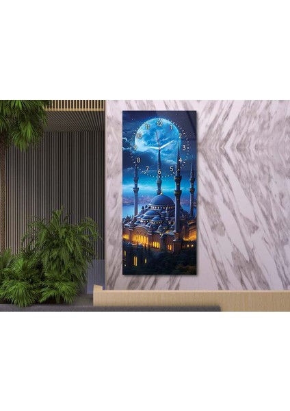Dikey Üstten Saatli Dini Temalı 50X100 cm Temperli Cam Tablo DSUD0021 modelleri