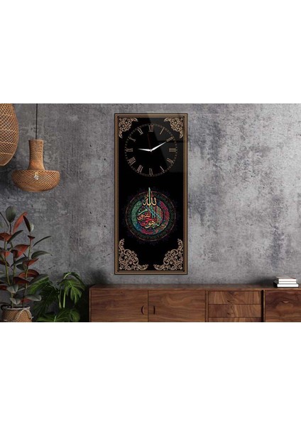 Dikey Üstten Saatli Dini Temalı 50X100 cm Temperli Cam Tablo DSUD0031
