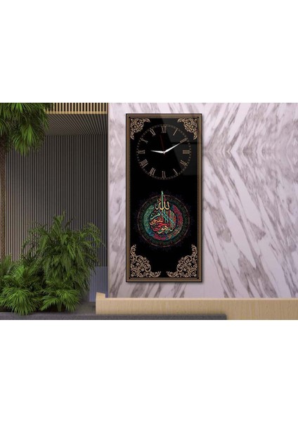 Dikey Üstten Saatli Dini Temalı 50X100 cm Temperli Cam Tablo DSUD0031 modelleri