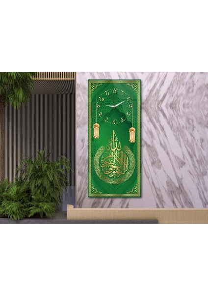 Dikey Üstten Saatli Dini Temalı 50X100 cm Temperli Cam Tablo DSUD0048 modelleri