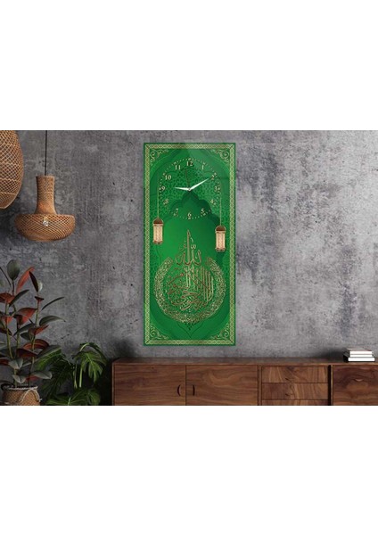 Dikey Üstten Saatli Dini Temalı 50X100 cm Temperli Cam Tablo DSUD0049