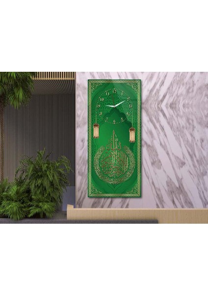 Dikey Üstten Saatli Dini Temalı 50X100 cm Temperli Cam Tablo DSUD0049 modelleri