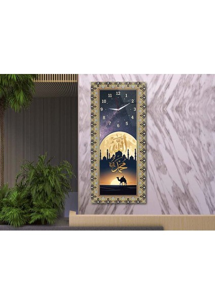 Dikey Üstten Saatli Dini Temalı 50X100 cm Temperli Cam Tablo DSUD0043 modelleri