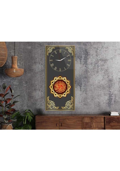 Dikey Üstten Saatli Dini Temalı 50X100 cm Temperli Cam Tablo DSUD0029