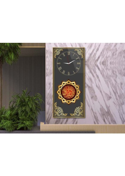 Dikey Üstten Saatli Dini Temalı 50X100 cm Temperli Cam Tablo DSUD0029
