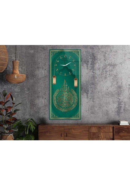 Dikey Üstten Saatli Dini Temalı 50X100 cm Temperli Cam Tablo DSUD0050