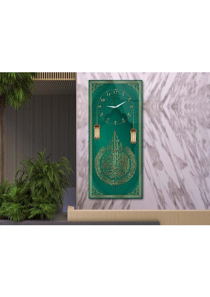 Dikey Üstten Saatli Dini Temalı 50X100 cm Temperli Cam Tablo DSUD0050 modelleri