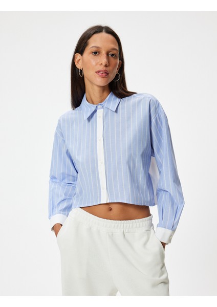 Crop Gömlek Poplin Uzun Kollu Klasik Yaka Düğmeli Parçalı Asimetrik Kesim modelleri