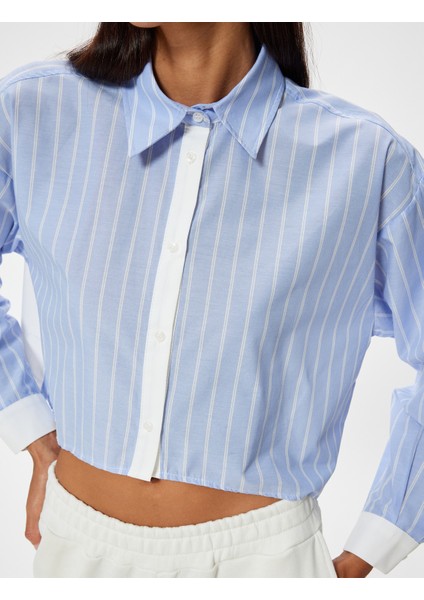 Crop Gömlek Poplin Uzun Kollu Klasik Yaka Düğmeli Parçalı Asimetrik Kesim indirimleri