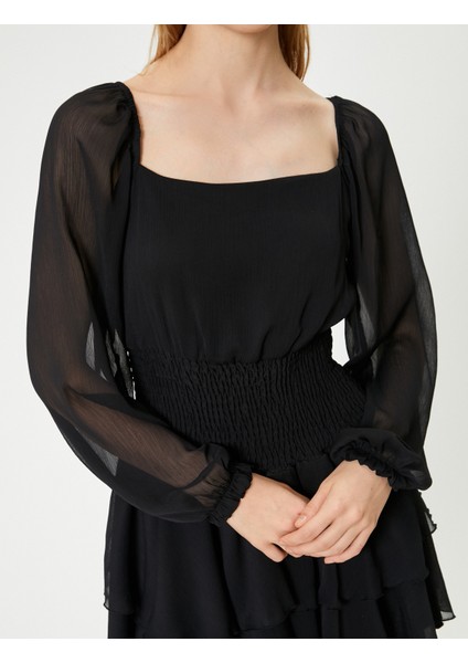 Mini Şifon Elbise Uzun Balon Kol Gipeli Kare Yaka Volanlı indirimleri