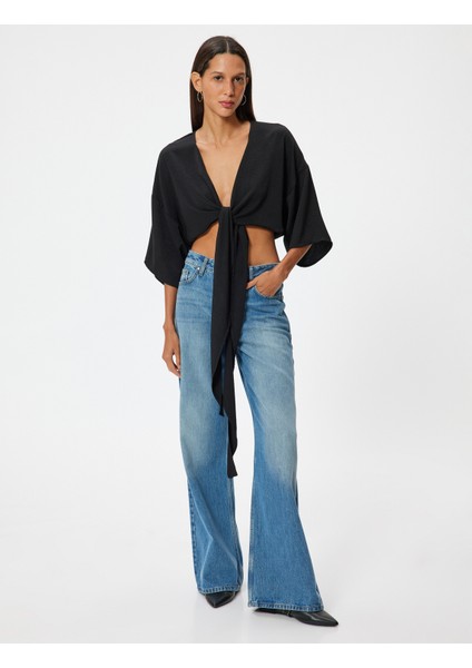 Crop Üst V Yaka Bağlama Detaylı Oversize Kimono Kol fiyatları