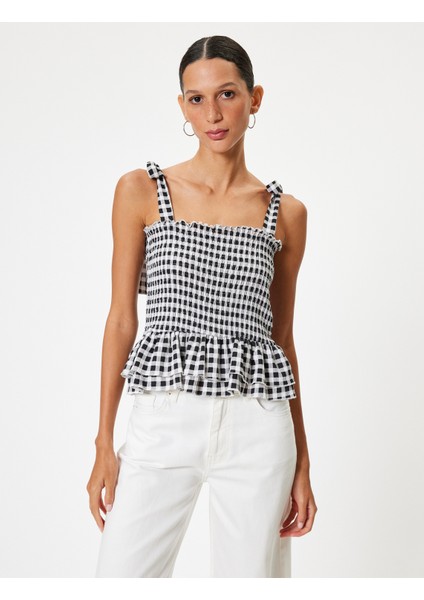 Kolsuz Bluz Pötikareli Fırfırlı Kare Yaka Bağlama Detaylı Gipeli Slim Fit
