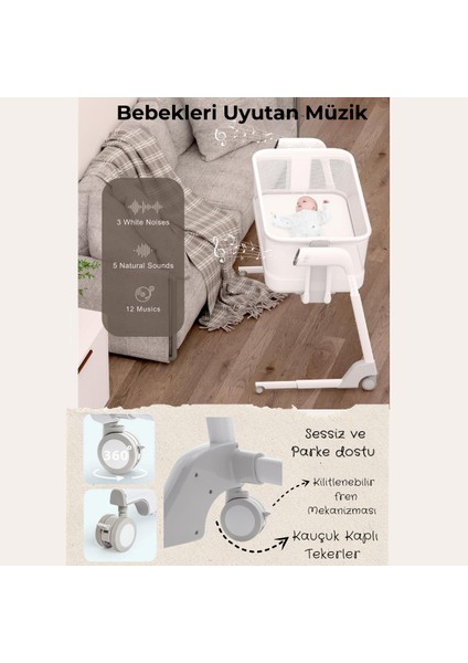 Cozy Premium 3in1 Ağlamaya Duyarlı Anne Yanı Beşik, Park Yatak White Noise ile Kesintisiz Uyku - Latte Renk modelleri