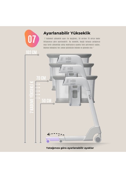 Cozy Premium 3in1 Ağlamaya Duyarlı Anne Yanı Beşik, Park Yatak White Noise ile Kesintisiz Uyku - Latte Renk