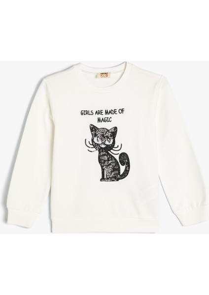 Sweatshirt Kedi Baskılı Bisiklet Yaka Uzun Kollu Pamuklu