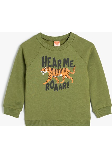 Sweatshirt Aslan Baskılı Uzun Kollu Bisiklet Yaka Pamuklu