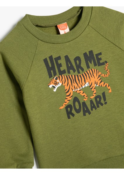 Sweatshirt Aslan Baskılı Uzun Kollu Bisiklet Yaka Pamuklu