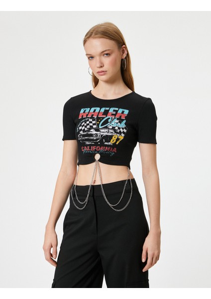 Crop Tişört Yarış Temalı Baskılı Zincir Detaylı Slim Fit Bisiklet Yaka