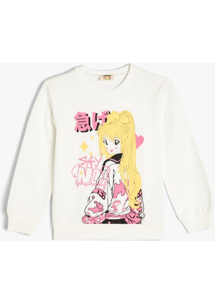 Sweatshirt Anime Baskılı Bisiklet Yaka Uzun Kollu Pamuklu