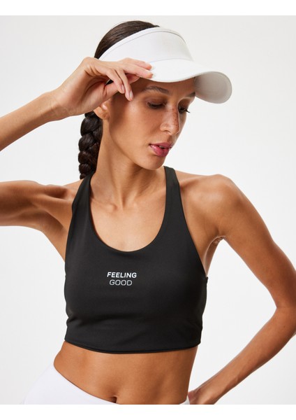 Sporcu Sütyeni Slogan Baskılı Sırt Detaylı U Yaka Kaplı Slim Fit