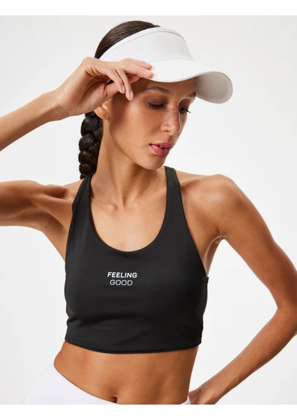 Sporcu Sütyeni Slogan Baskılı Sırt Detaylı U Yaka Kaplı Slim Fit