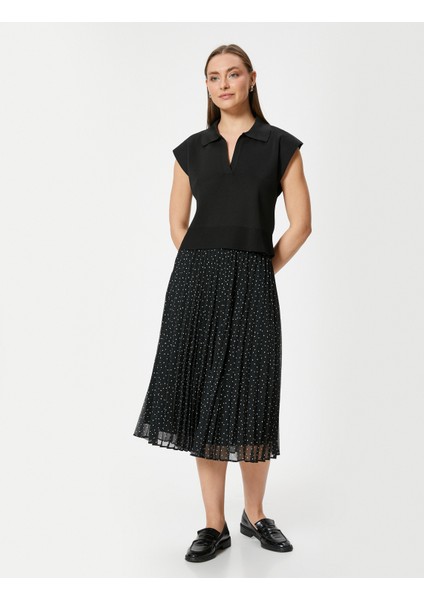 Pileli Puantiyeli Midi Etek Yüksek Bel Tül Astarlı