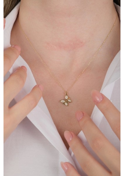 14 Ayar Altın Taşlı Kelebek Kolye