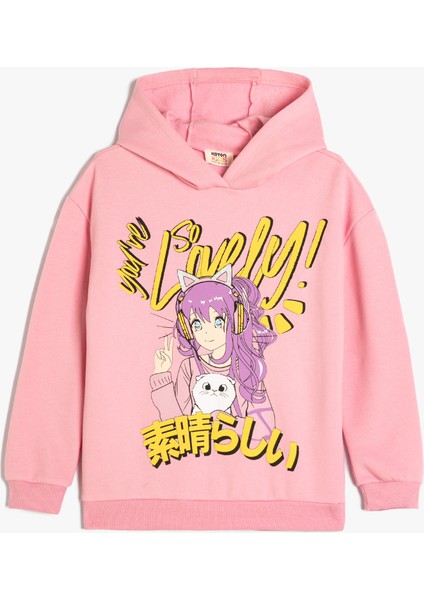 Oversize Kapşonlu Sweatshirt Anime Baskılı Uzun Kollu