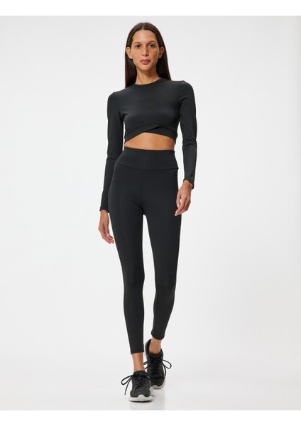 Crop Spor Tişört Slim Fit Bisiklet Yaka Katlı Uzun Kollu