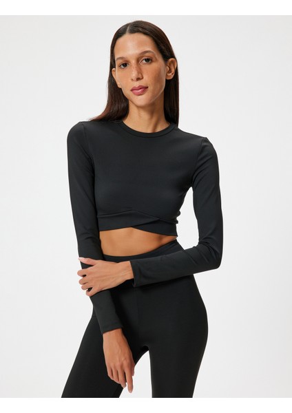 Crop Spor Tişört Slim Fit Bisiklet Yaka Katlı Uzun Kollu modelleri
