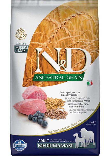 Ancestral Grain Kuru Köpek Maması, Kuzu, Kılçıksız Buğday, Yulaf ve Yabanmersinli, Yetişkin Medium ve Maxi, 2.5 kg