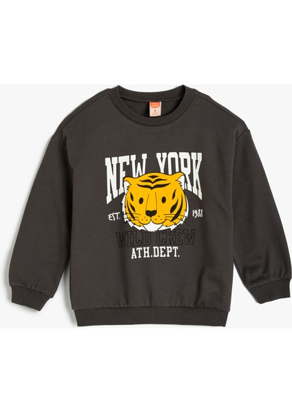 Sweatshirt Aslan Baskılı Uzun Kollu Bisiklet Yaka Pamuklu