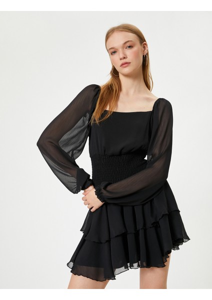 Mini Şifon Elbise Uzun Balon Kol Gipeli Kare Yaka Volanlı