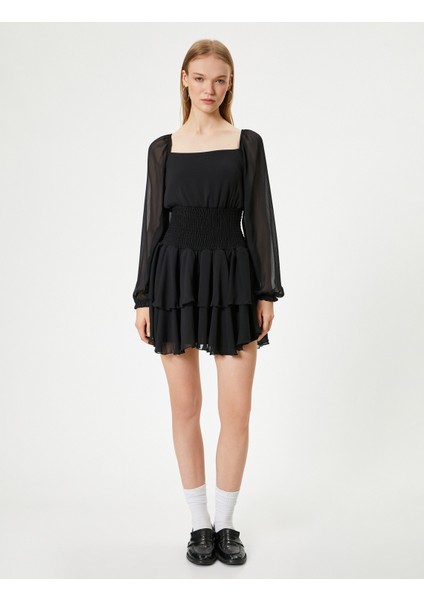 Mini Şifon Elbise Uzun Balon Kol Gipeli Kare Yaka Volanlı modelleri