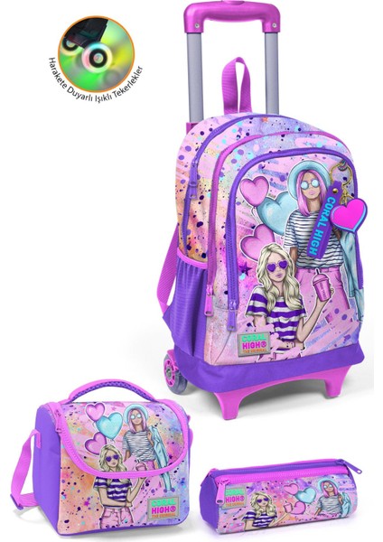 Kids Pembe Mor Fashion Girl Desenli Üç Bölmeli Çekçekli 3'lü Çanta Seti SET0123955