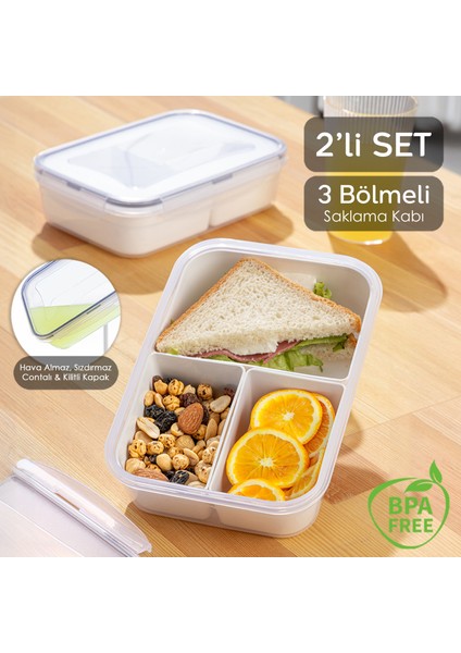 2'li 3 Bölmeli Kapaklı Dikdörtgen Saklama Kabı - Taşınabilir Kahvaltılık Diyet ve Beslenme Kutusu