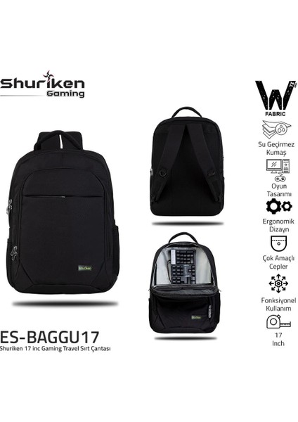 Gaming Travel 17 Inç Sırt Çantası - Wpx Pro Su Geçirmez Kumaş / Siyah ES-BAGGU17